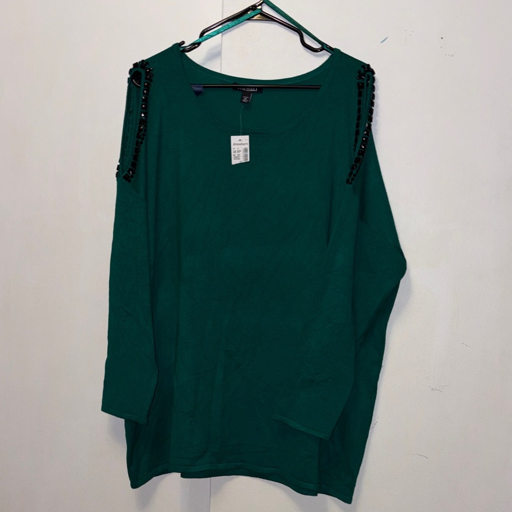 Roz & Ali Green light sweater with Black Beaded Shoulders - Picture 1 of 8